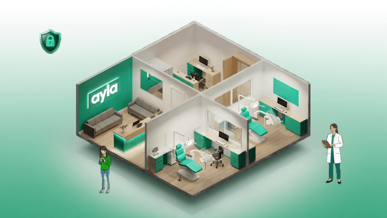 Isometric view of a dental practice with rooms labeled β front desk, operatories, office, and more