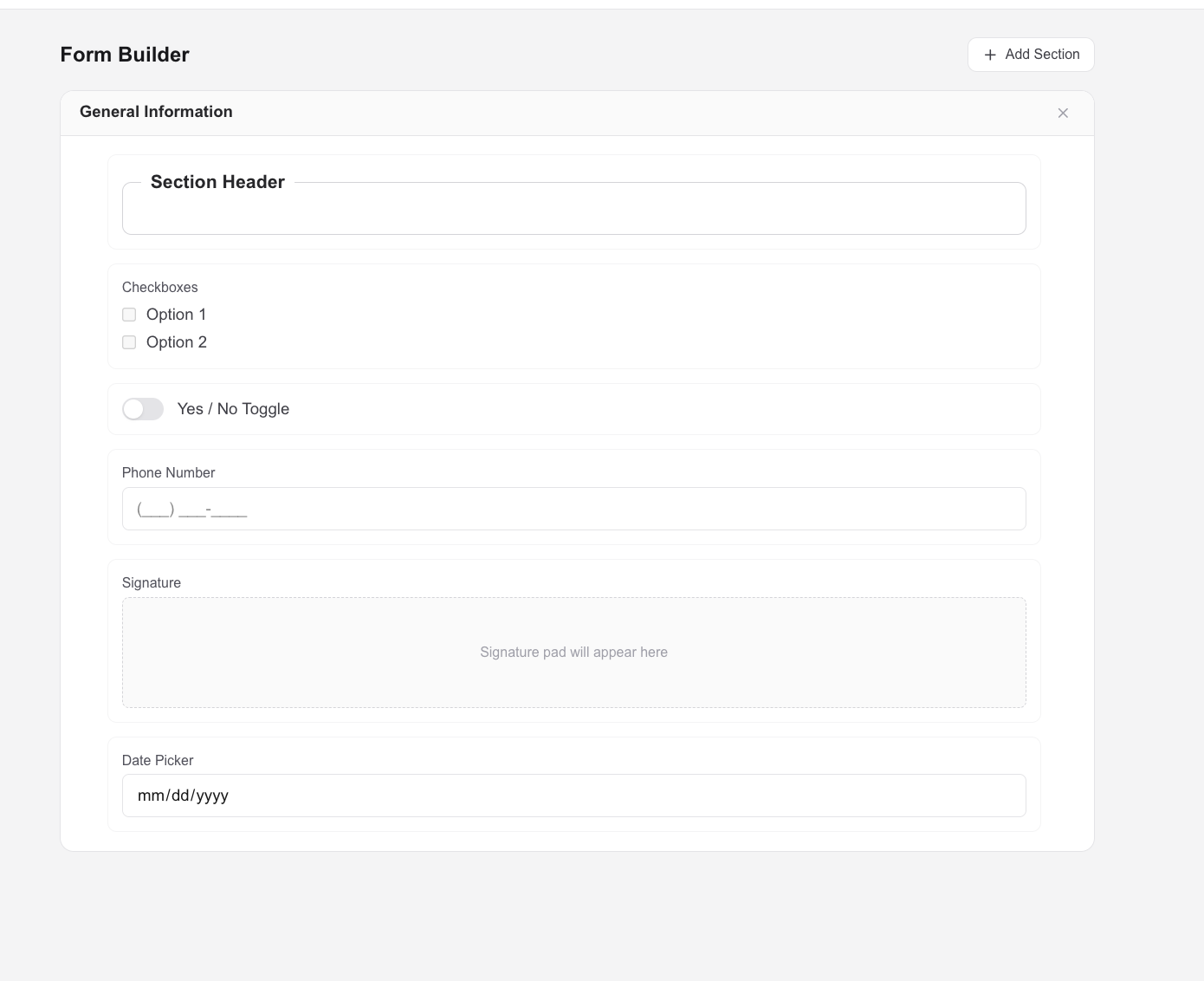 Drag-and-drop form builder with custom fields and templates