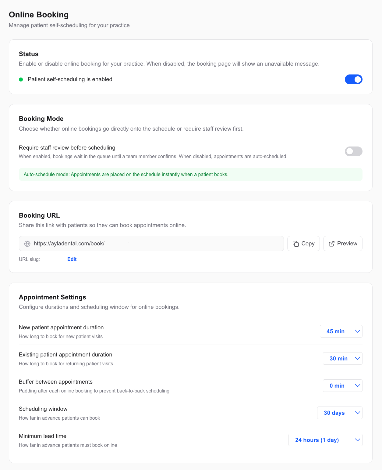 Practice booking settings — control which appointment types are available online